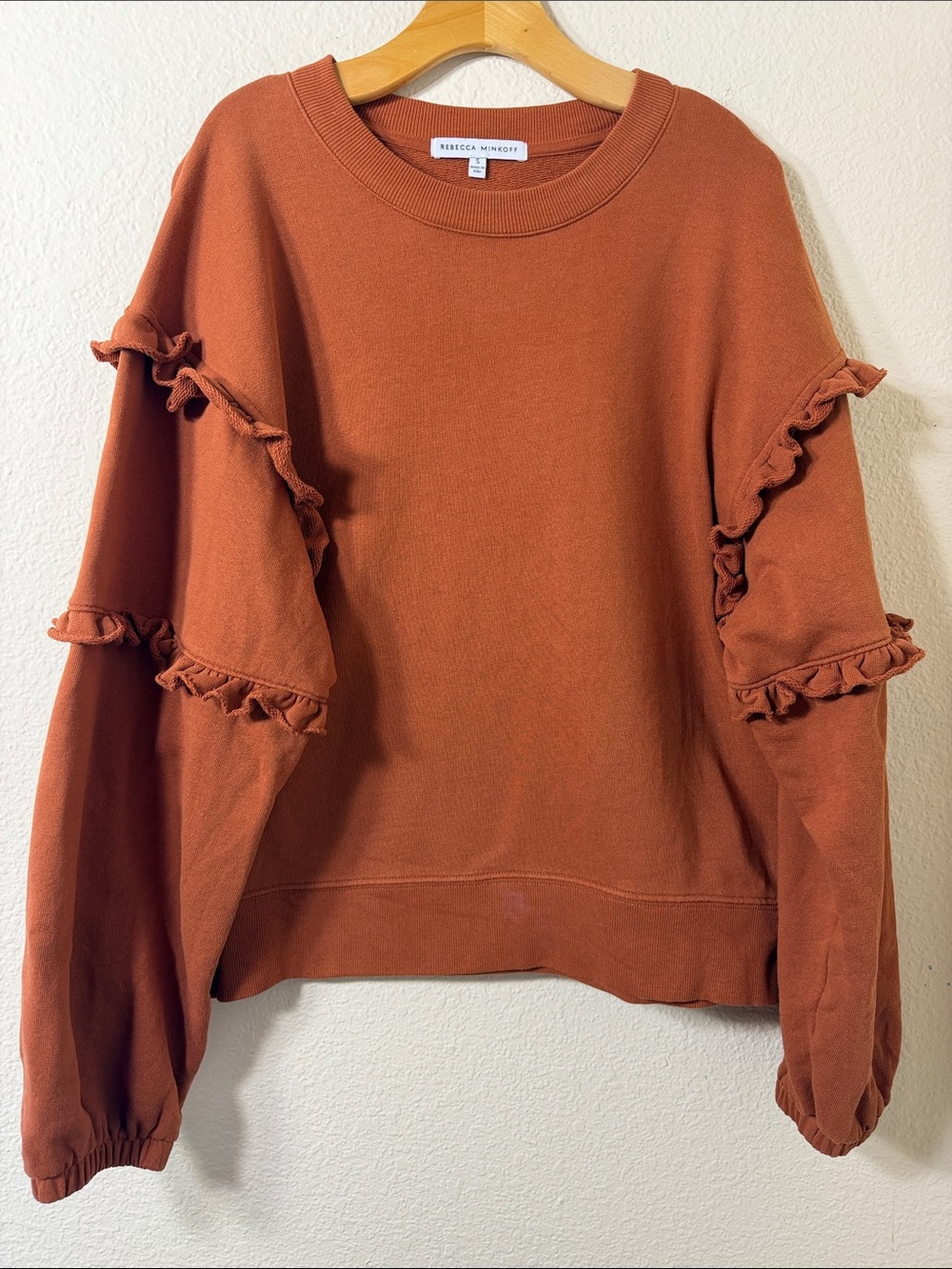 Rebecca Minkoff Evelyn Ruffle Sleeve Sweatshirt Rust Burnt Orange Crop S